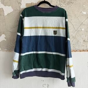 Vtg 90s Sweatshirt Striped Crewneck Structure Patch Rugby Made USA Mens L‎ Retro
